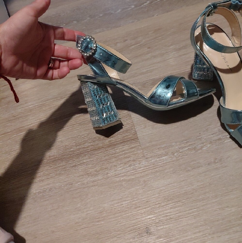Women's BETSY JOHNSON Metallic Teal Ankle-Strap Sandals - Picture 2 of 7